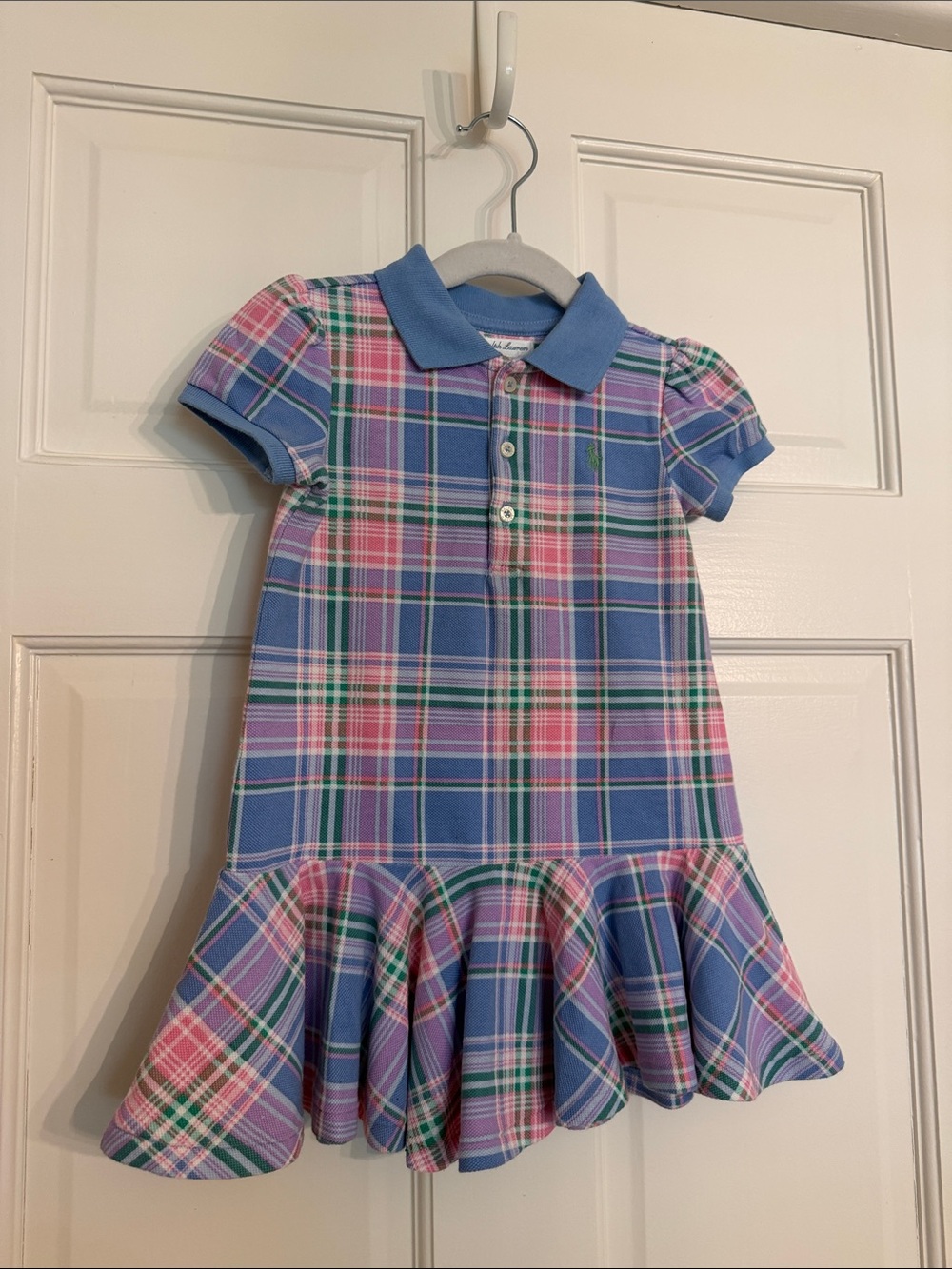 Ralph Lauren Blue Plaid Polo Dress with Pink & Green Trim